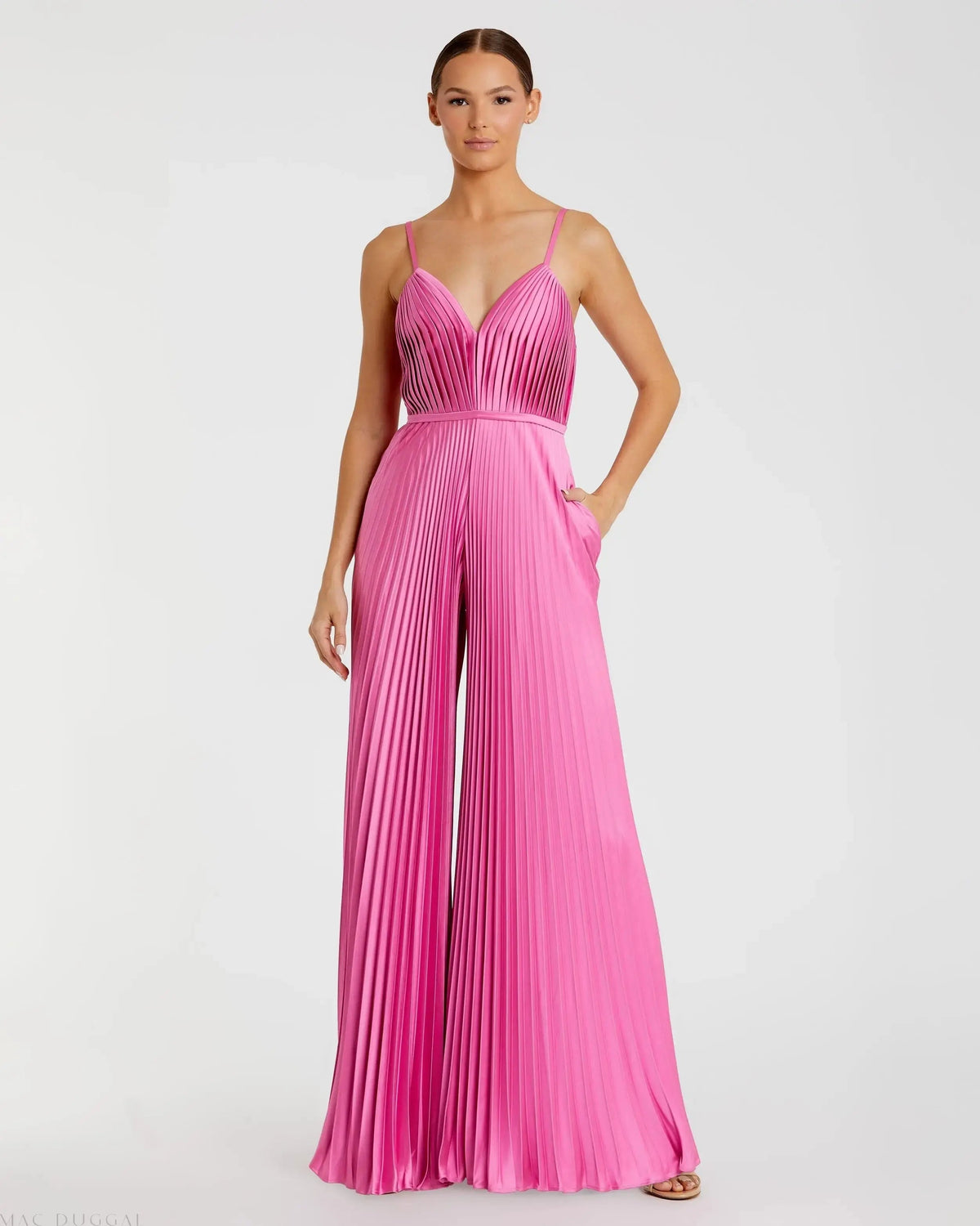 Pleated Plunge Neck Wide Leg Jumpsuit