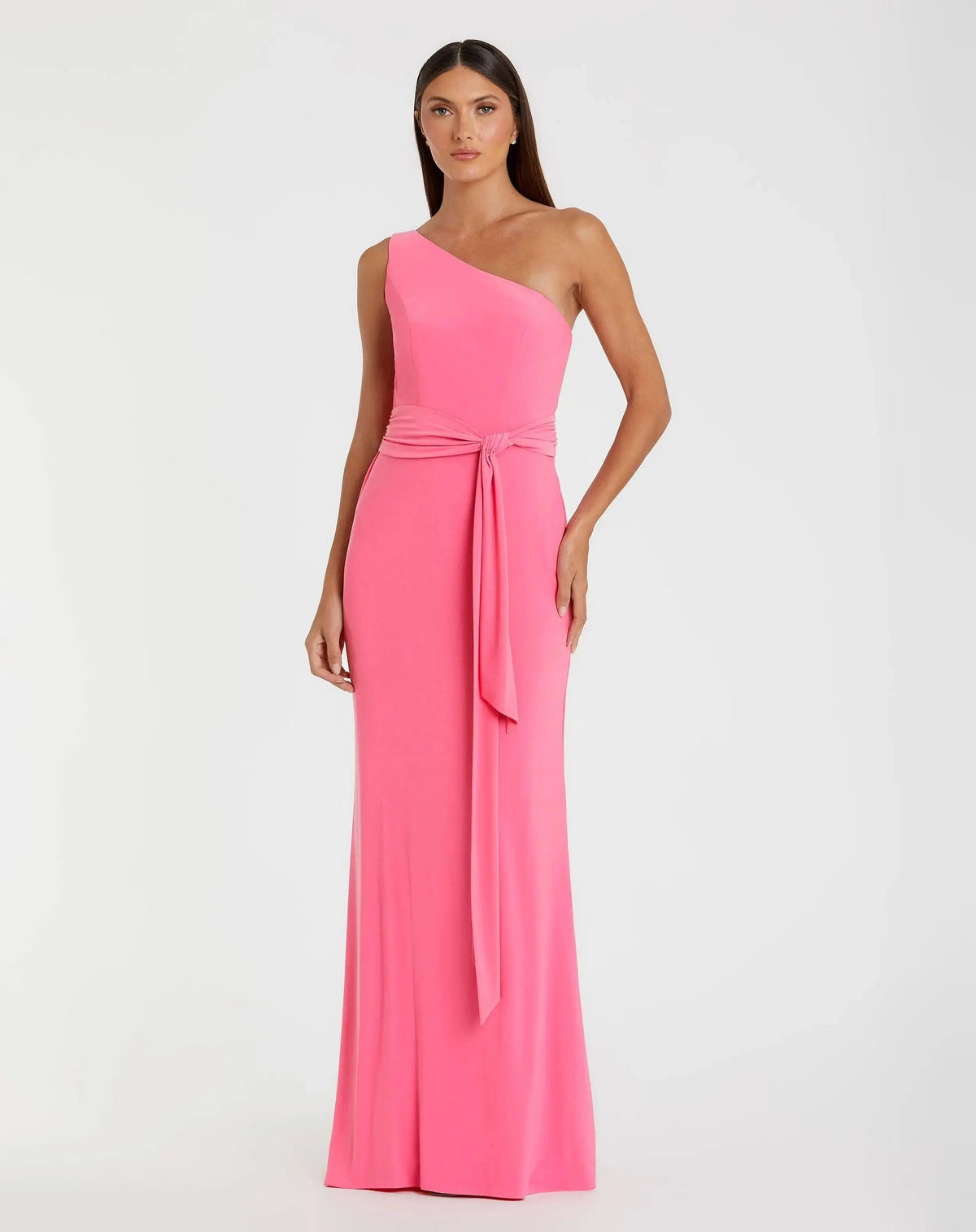 Pink Jersey One Shoulder Belted Trumpet Gown