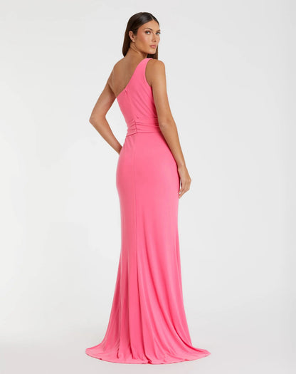 Pink Jersey One Shoulder Belted Trumpet Gown