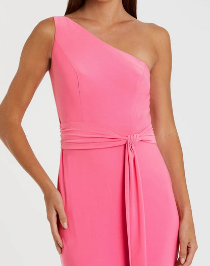 Pink Jersey One Shoulder Belted Trumpet Gown