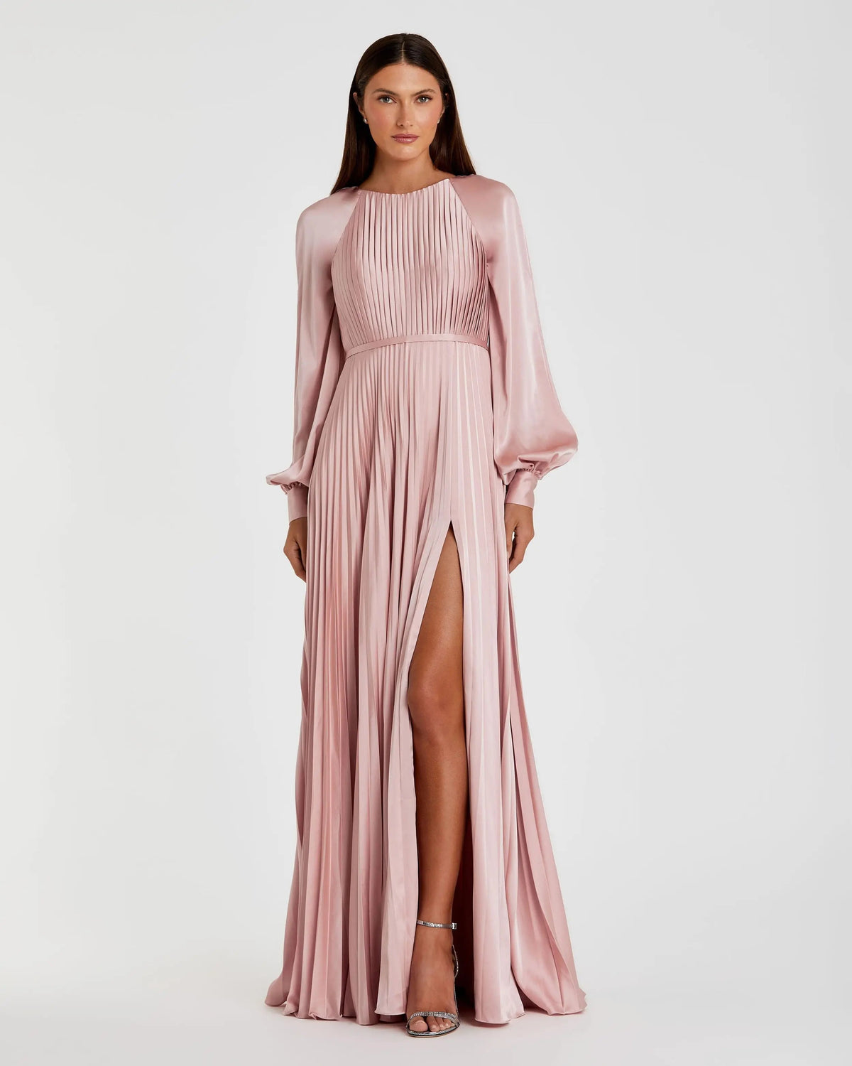 Pink Pleated High Neck Raglan Long Sleeve Side Slit Gown