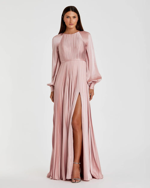 Pink Pleated High Neck Raglan Long Sleeve Side Slit Gown