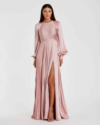 Pleated High Neck Raglan Long Sleeve Side Slit Gown