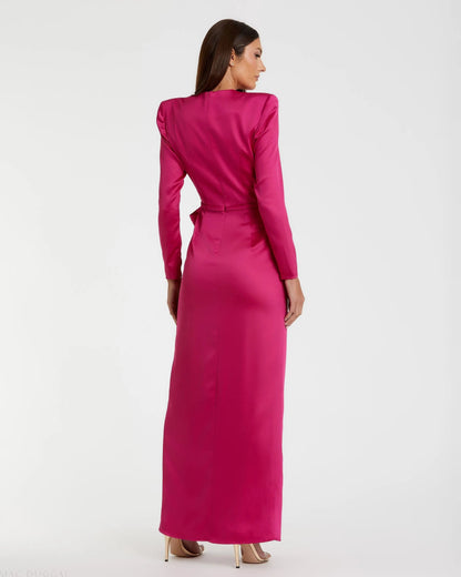Pink Long Sleeve Satin Structured Bow Draped Column Gown