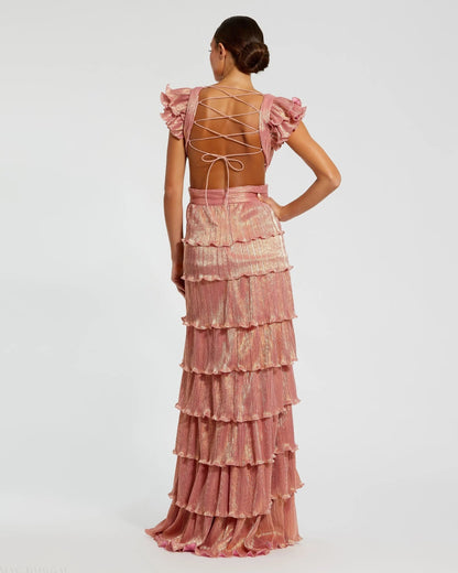 Pink Ruffle Tiered Criss Cross Lace Up Gown