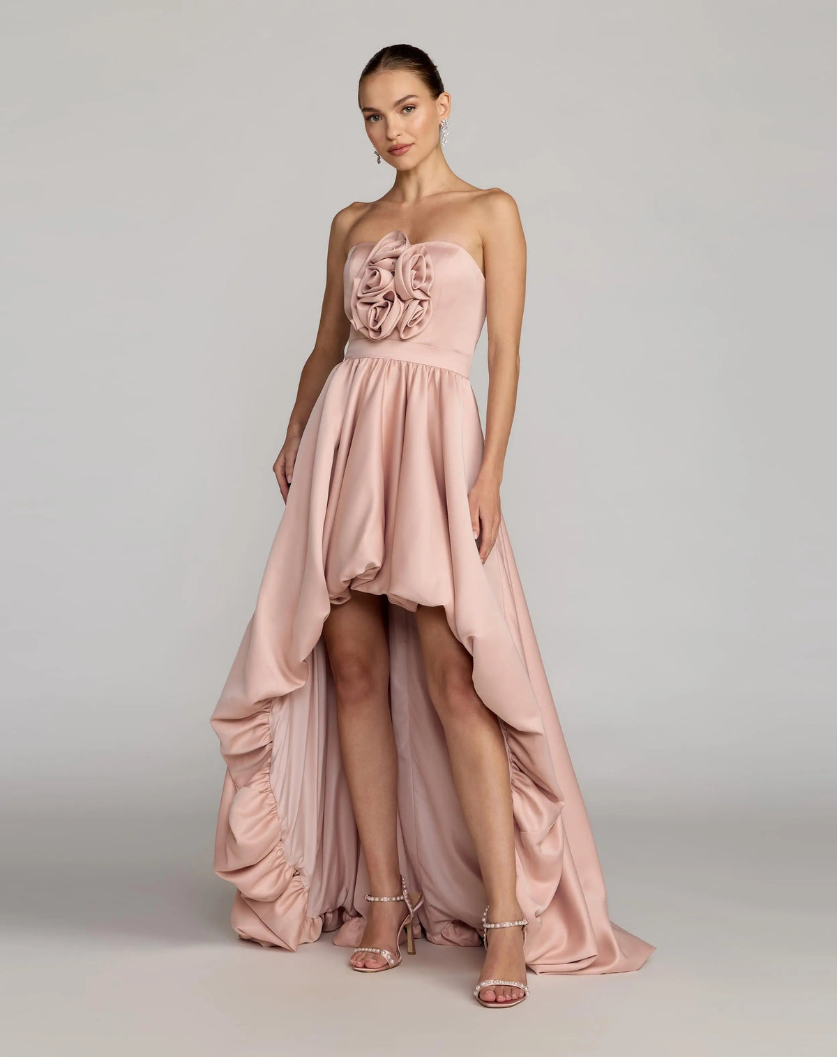 Pink Strapless Satin High Low Gown with Rosettes