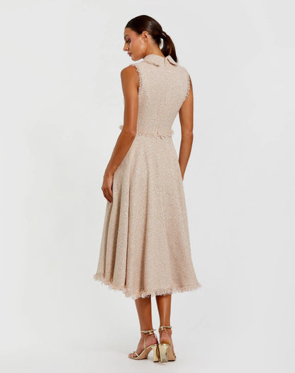 Pink Boucle Sleeveless Collared Button Up Midi Dress
