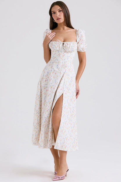 white posy print cotton puff sleeve midi sundress