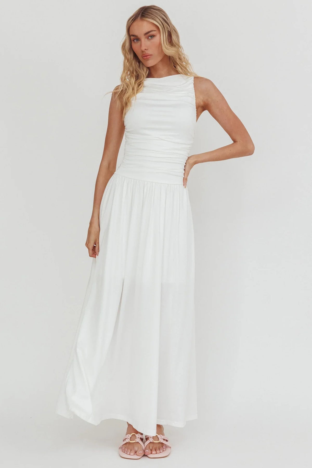Dalayla Sleeveless Ruched Maxi Dress White