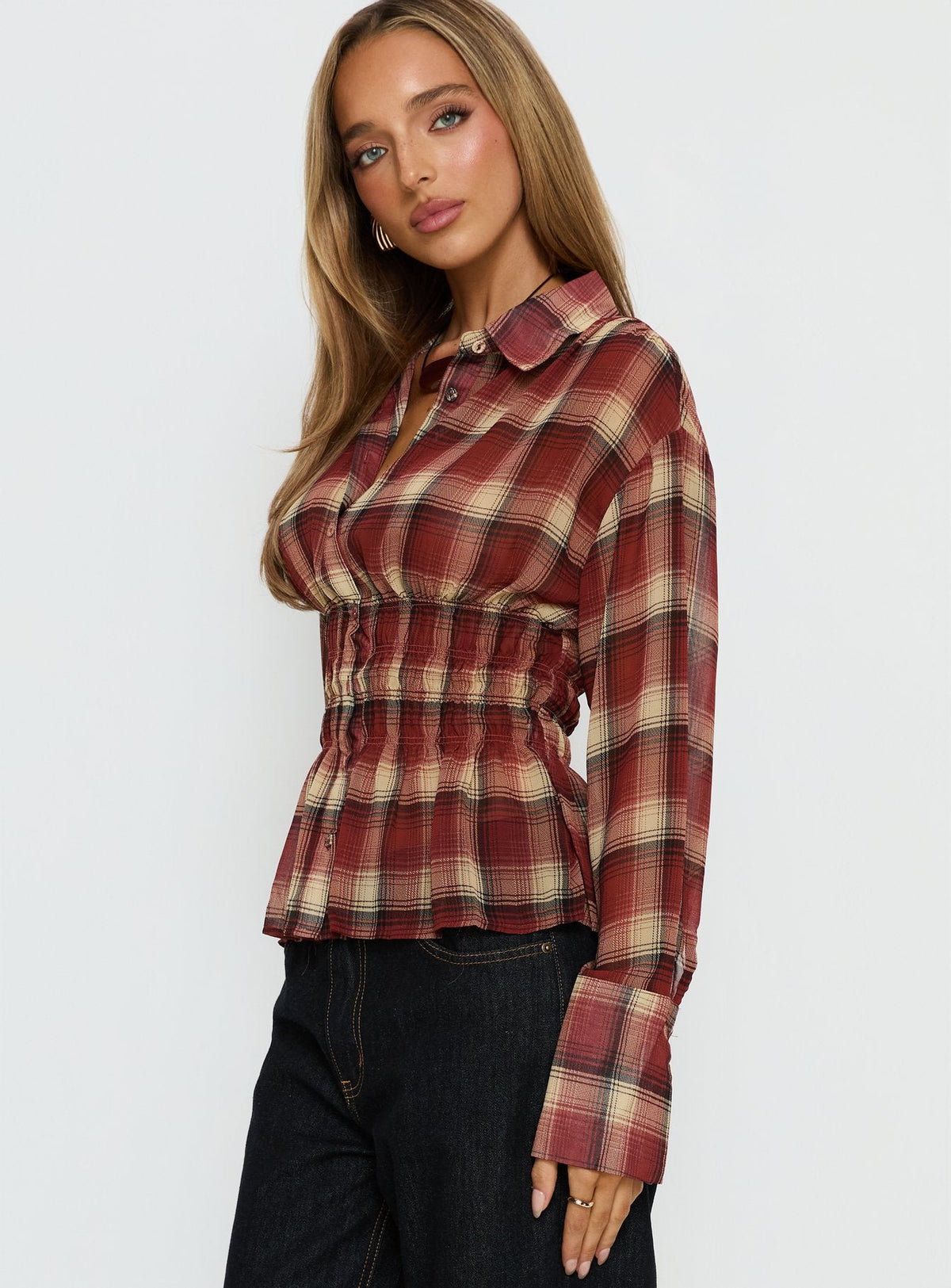 As You Are Shirred Button Up Top Red Check