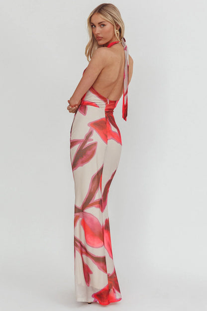 Outlier Cowl Halterneck Maxi Dress Print Beige