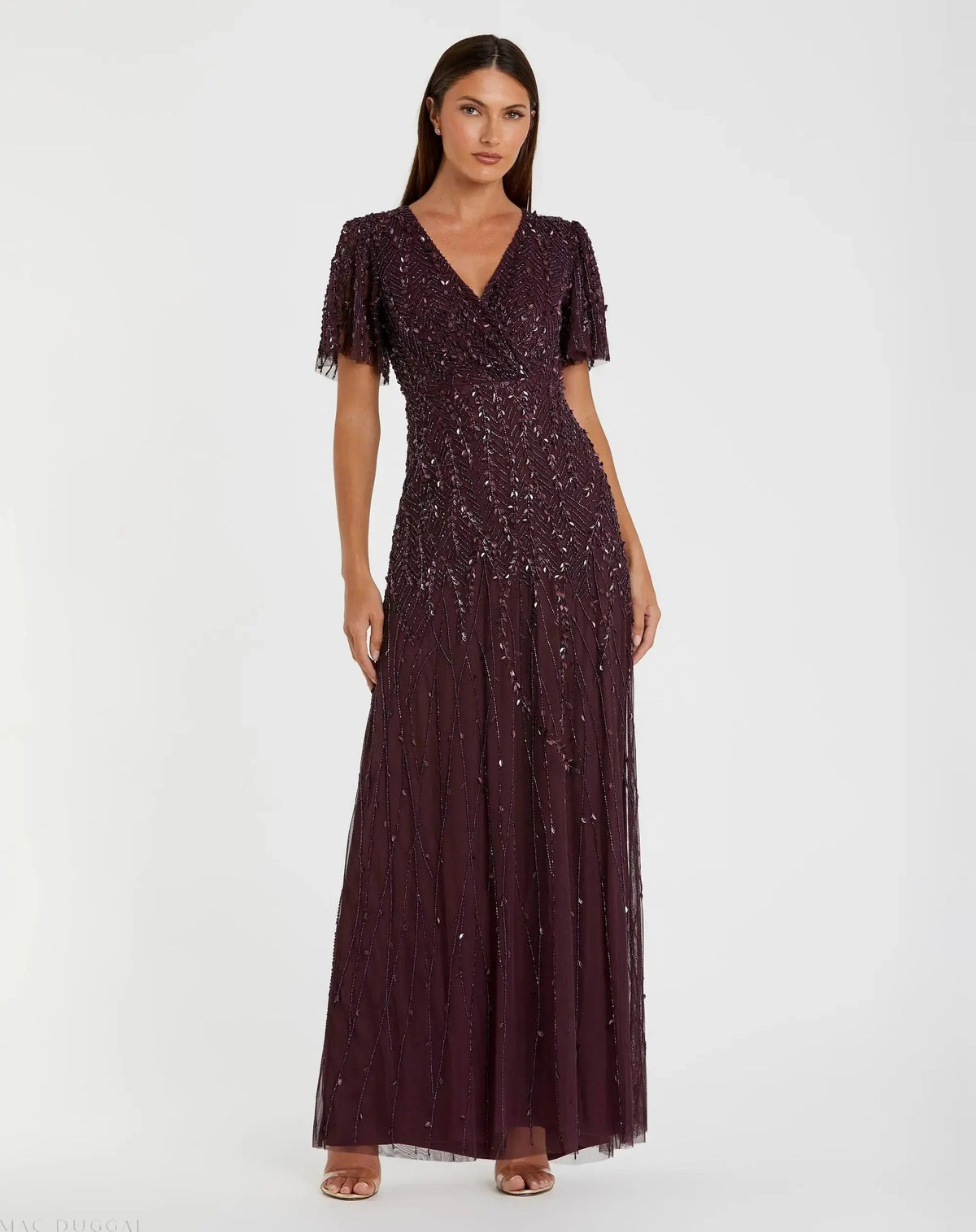 Purple Embellished Flutter Sleeve Gown