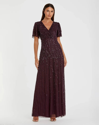 Purple Embellished Flutter Sleeve Gown