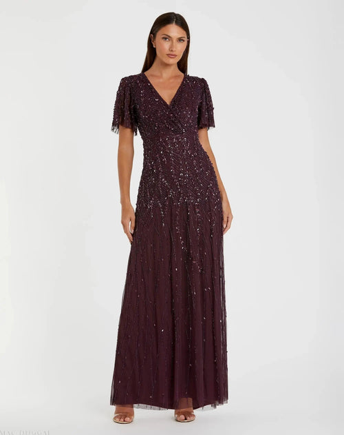 Purple Embellished Flutter Sleeve Gown