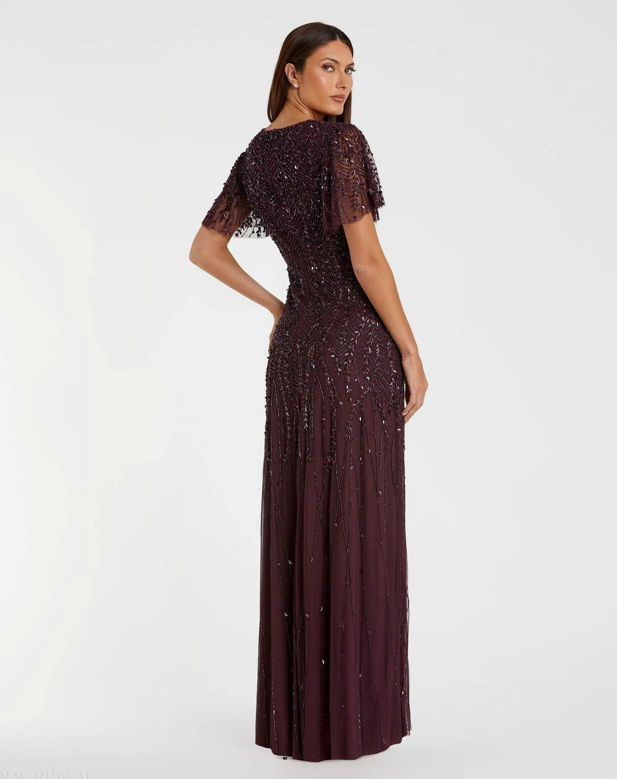Purple Embellished Flutter Sleeve Gown