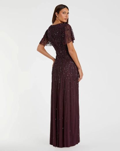 Purple Embellished Flutter Sleeve Gown