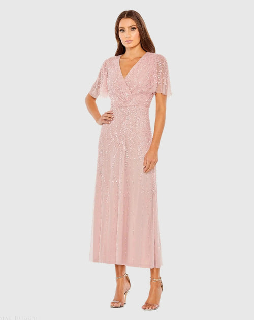 Pink Beaded Wrap Over Butterfly Sleeve Dress