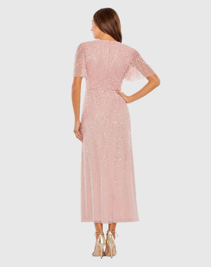 Pink Beaded Wrap Over Butterfly Sleeve Dress