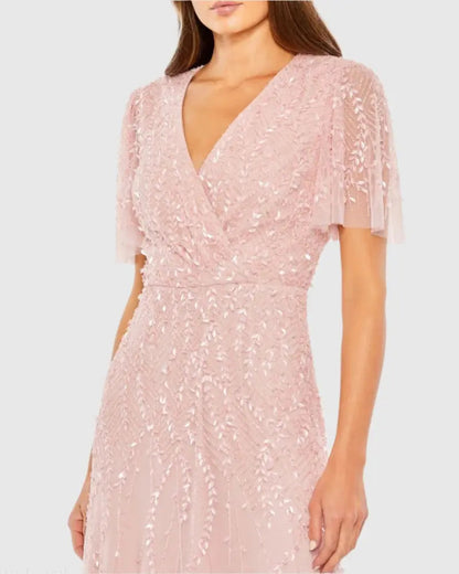 Pink Beaded Wrap Over Butterfly Sleeve Dress