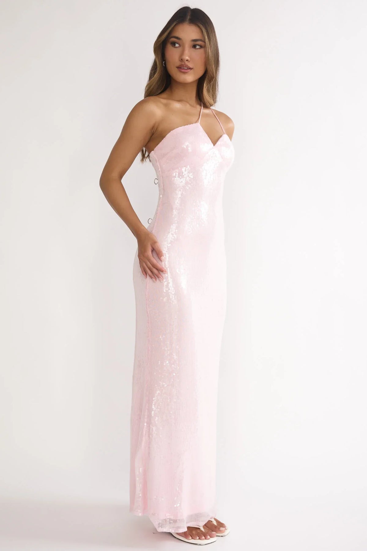Roselyn One-Shoulder Sequin Maxi Dress Pink
