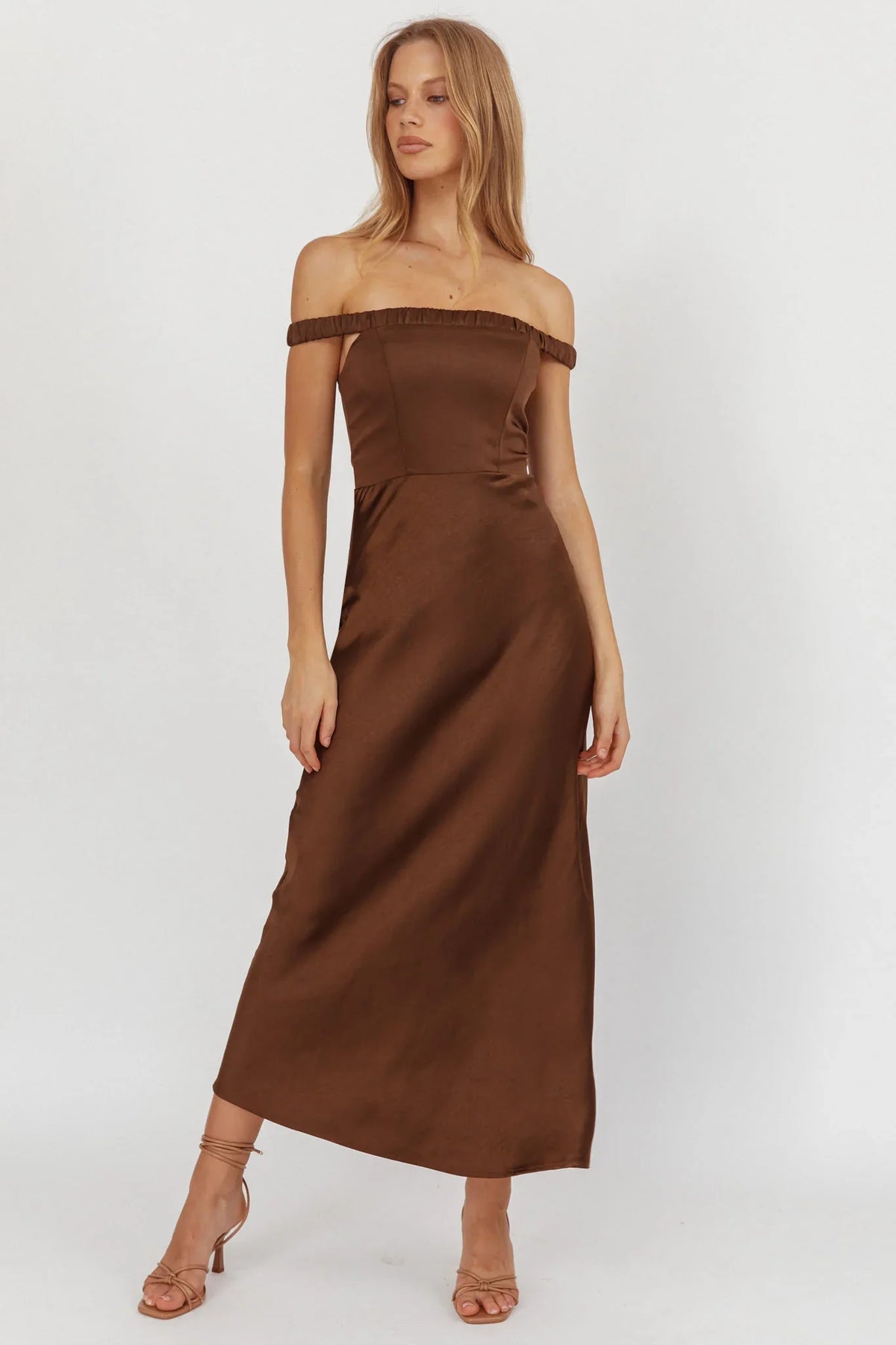 Cari Off-Shoulder Strap Maxi Dress Chocolate