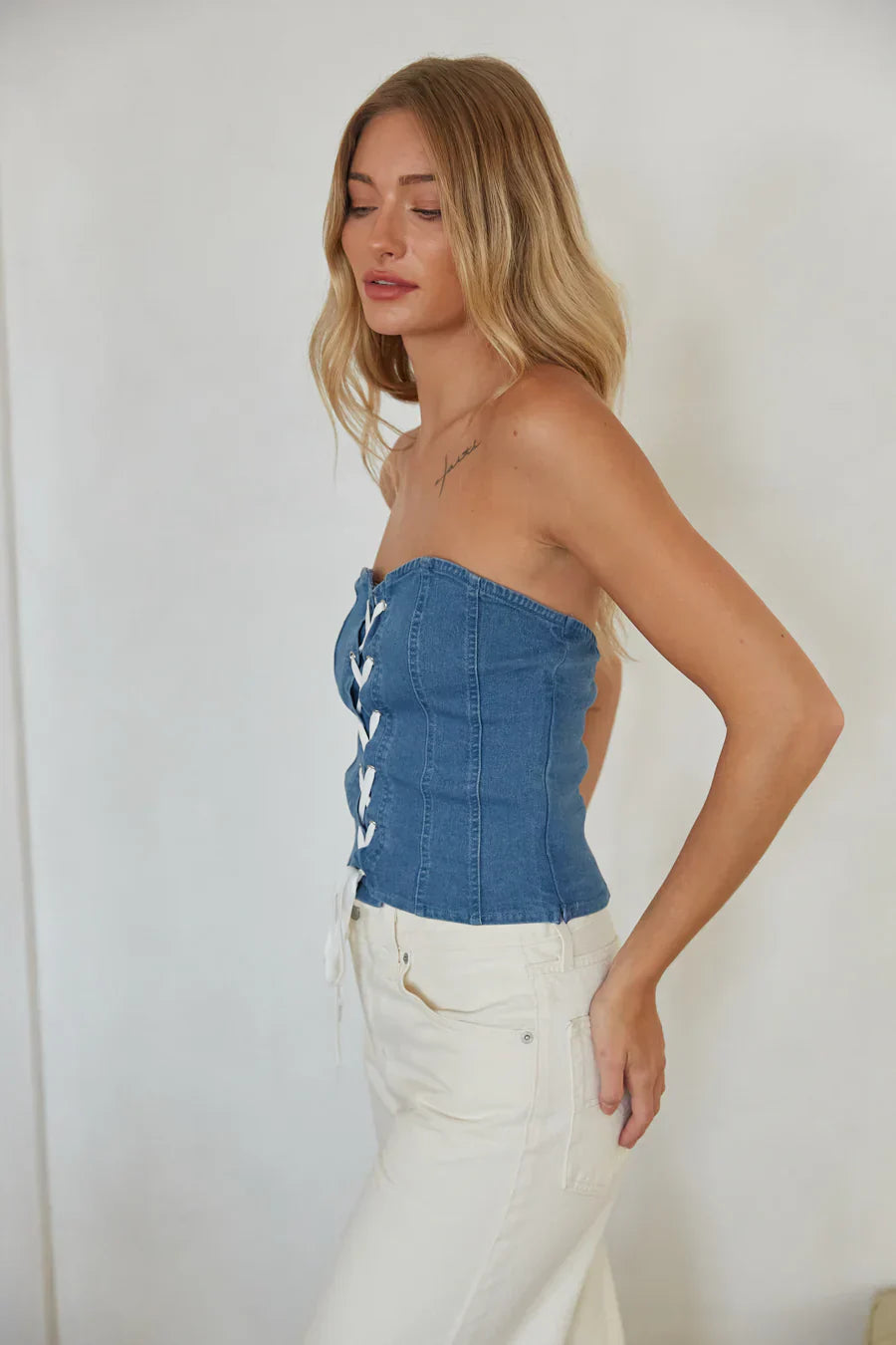 Abeline Strapless Denim Lace Up Corset