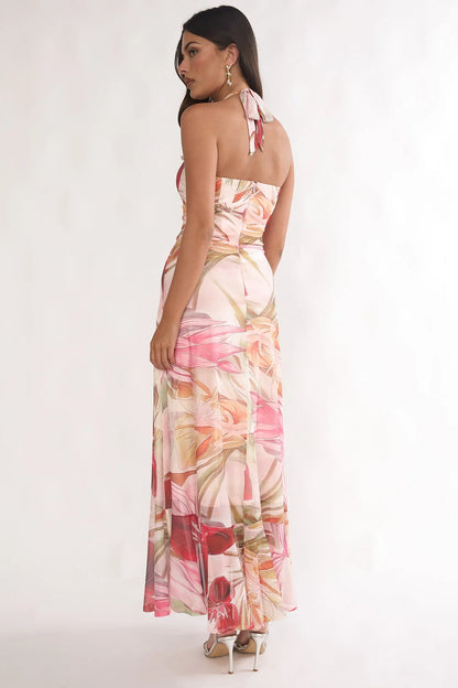 Moonlit Magic Halterneck Split Maxi Dress Floral Red