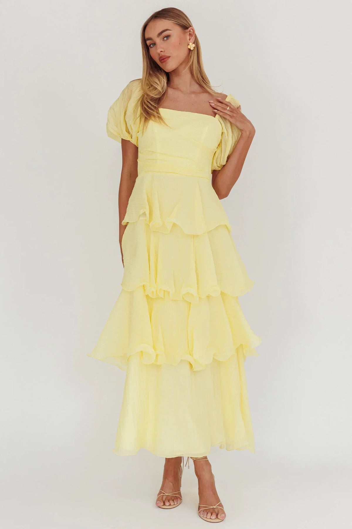 Giavana Puff Sleeve Layered Maxi Dress Lemon