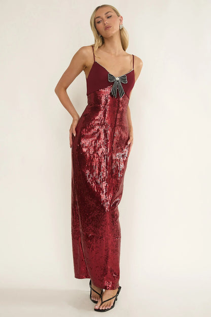 Nolani Sequin Bow & Diamante Maxi Dress Wine