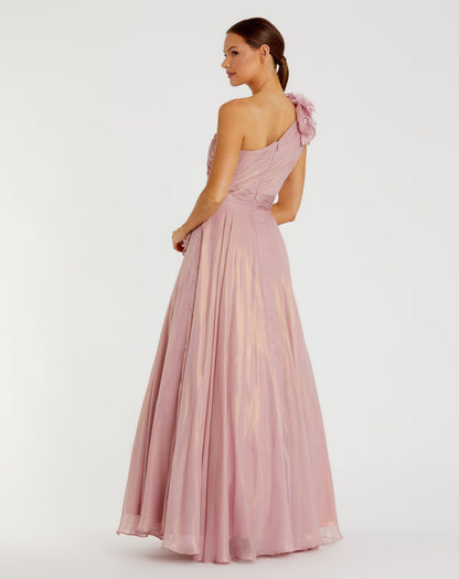 Pink Iridescent One Shoulder Rosette Ball Gown
