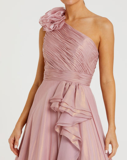 Pink Iridescent One Shoulder Rosette Ball Gown