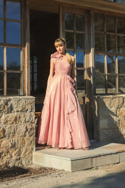 Pink Iridescent One Shoulder Rosette Ball Gown