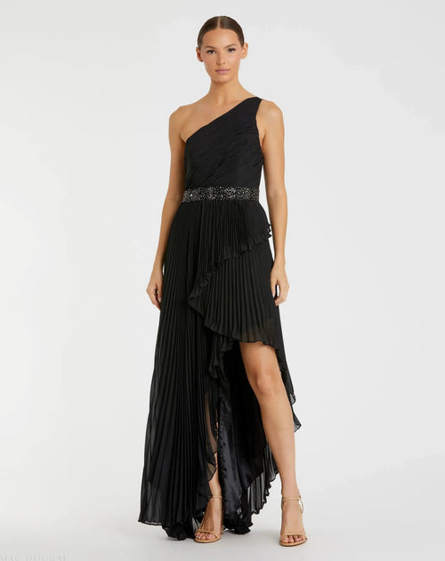 Pleated One Shoulder Asymmetrical Ruffle Hem Gown