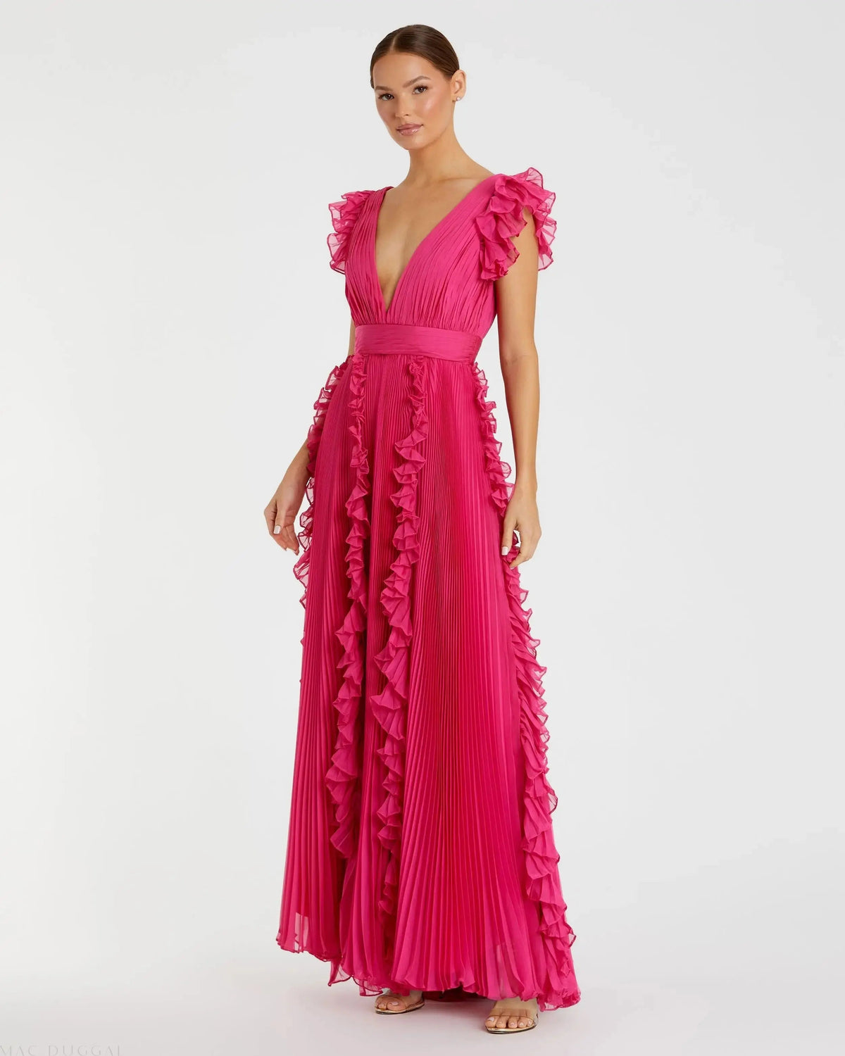 Pink Pleated Ruffle Cap Sleeve Flowy A Line Gown