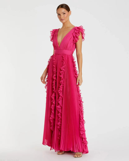 Pink Pleated Ruffle Cap Sleeve Flowy A Line Gown