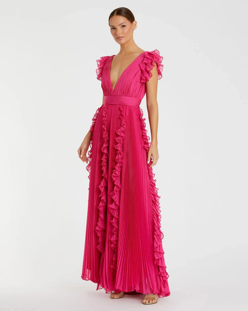 Pink Pleated Ruffle Cap Sleeve Flowy A Line Gown