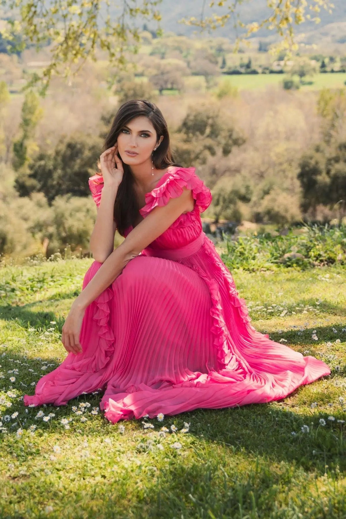 Pink Pleated Ruffle Cap Sleeve Flowy A Line Gown