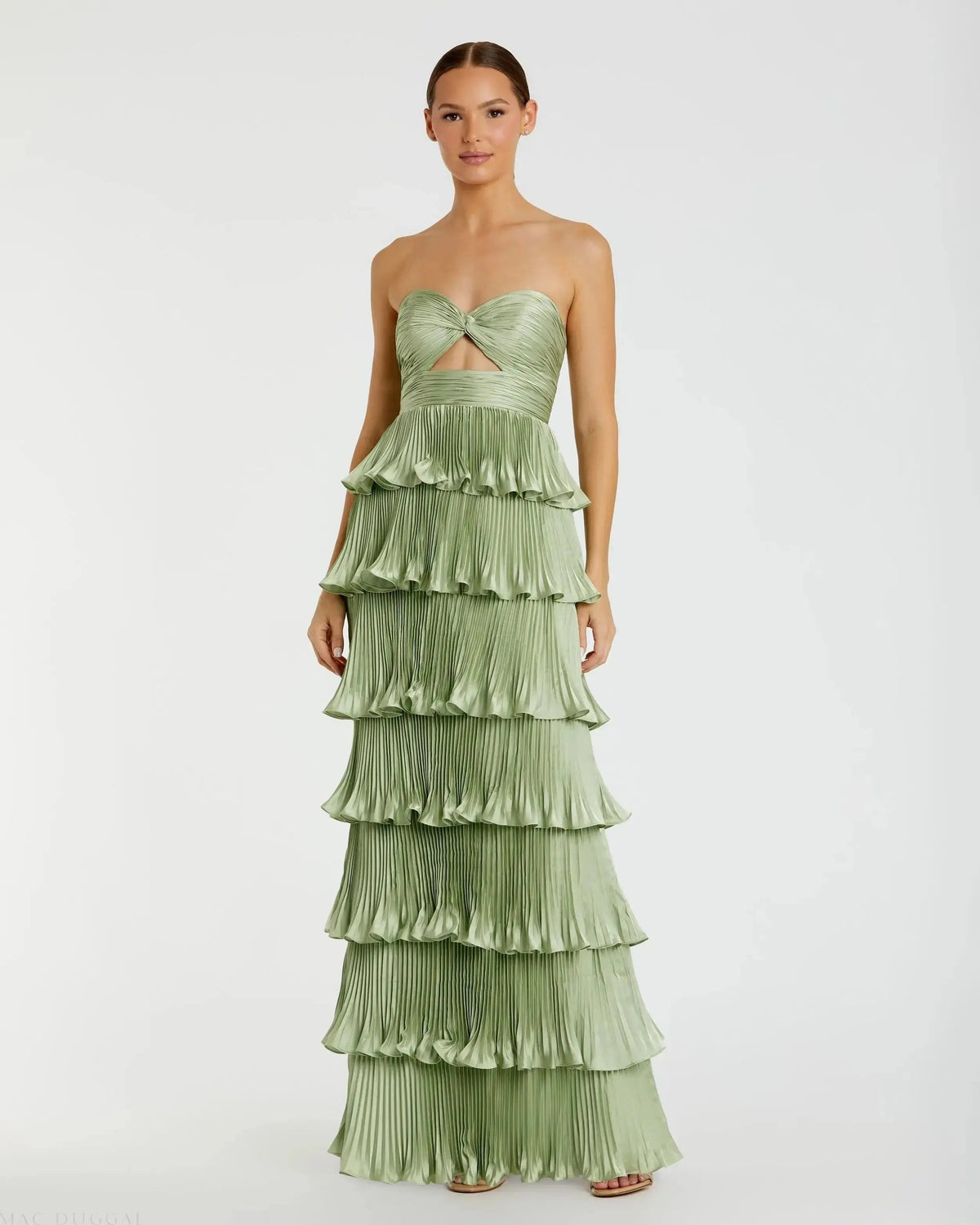 Pleated Charmeuse Strapless Tiered Ruffle Gown