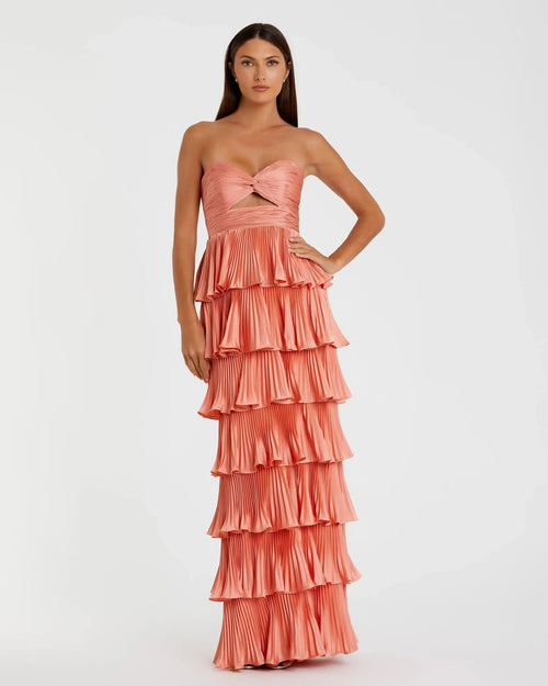 Pink Pleated Charmeuse Strapless Tiered Ruffle Gown