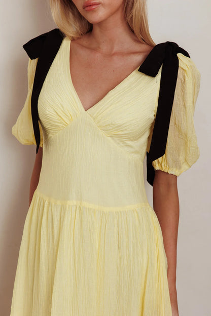 Sinta Bow Shoulder Puff Sleeve Maxi Dress Lemon