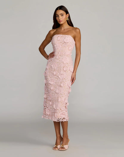 Pink Strapless 3D Floral Midi Dress