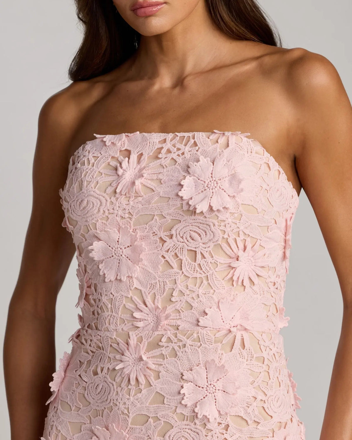 Pink Strapless 3D Floral Midi Dress