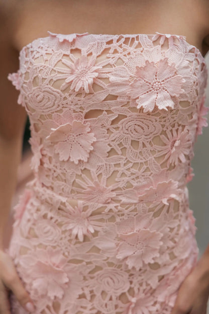 Pink Strapless 3D Floral Midi Dress