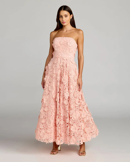 Pink Strapless Floral Embroidered Lace A-Line Dress