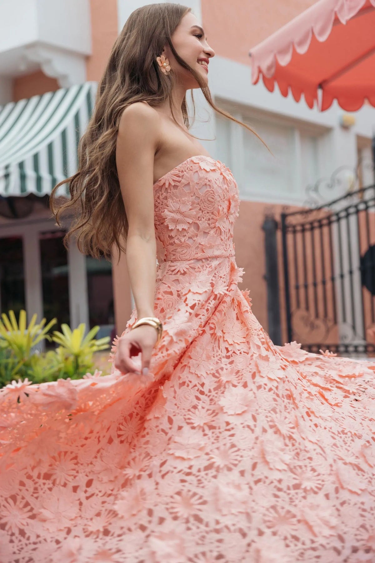 Pink Strapless Floral Embroidered Lace A-Line Dress