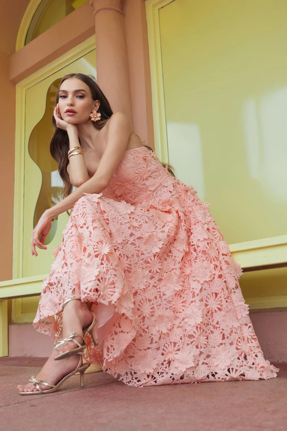 Pink Strapless Floral Embroidered Lace A-Line Dress