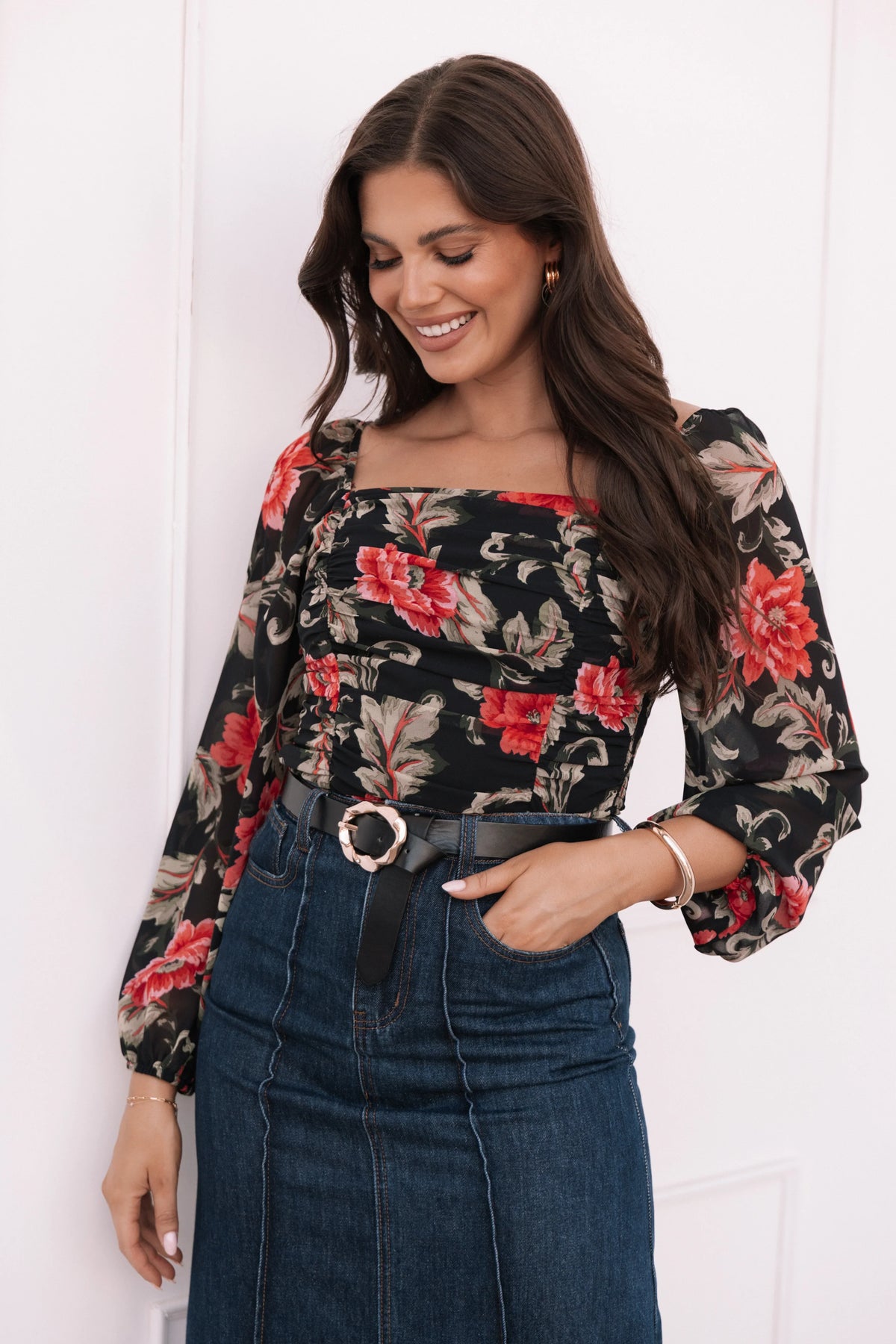 Maia Long Sleeve Top - Black Floral
