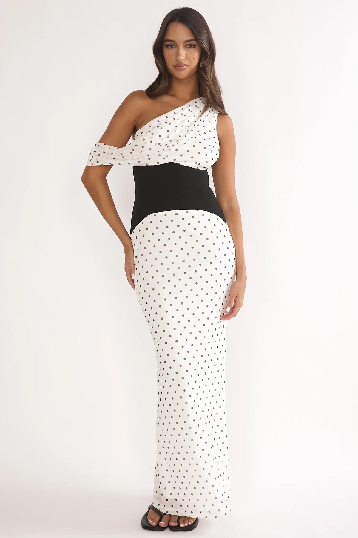 Milos Asymmetric Neckline Maxi Dress Polka Dot Brown