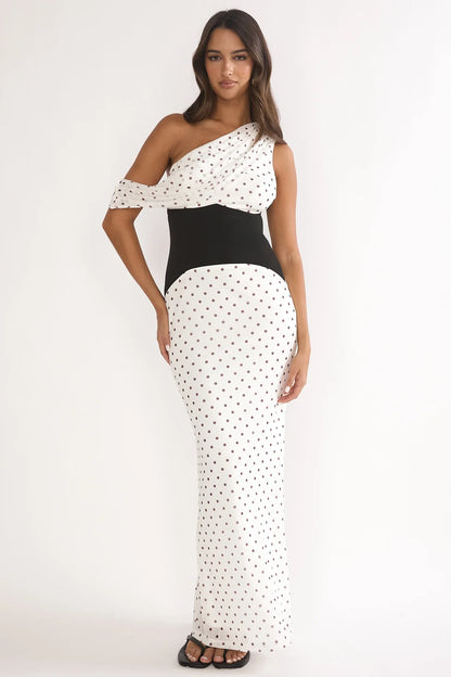 Milos Asymmetric Neckline Maxi Dress Polka Dot Brown