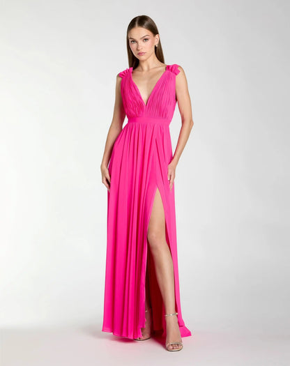 Pink Sleeveless Pleated Chiffon V-Neck Gown
